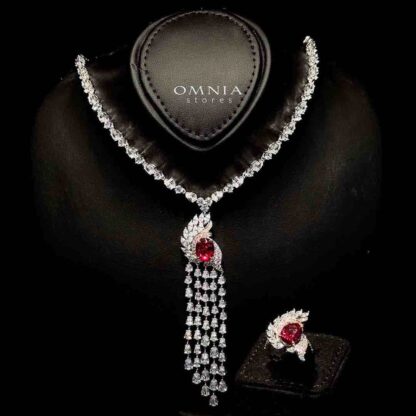 Omnia Bariza Maroon Necklace & Ring Set in 925 Silver with Oval and Marquise-Cut High-Quality Simulated Diamonds
