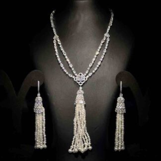 Omnia Mariella Pearl Tassel Necklace and Earring Set in High-Quality Simulated Diamonds with Classic Ivory Details