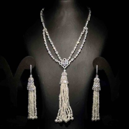 Omnia Mariella Pearl Tassel Necklace and Earring Set in High-Quality Simulated Diamonds with Classic Ivory Details