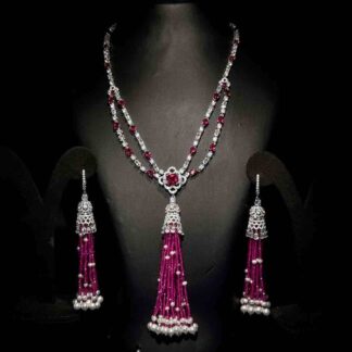 Omnia Mariella Ruby Tassel Necklace and Earring Set in High-Quality Simulated Diamonds with Pearl Accents