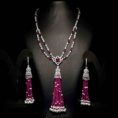 Omnia Mariella Ruby Tassel Necklace and Earring Set in High-Quality Simulated Diamonds with Pearl Accents