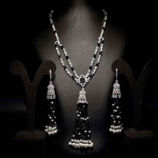 Omnia Mariella Onyx Tassel Necklace and Earring Set in High-Quality Simulated Diamonds with Black Pearl Details