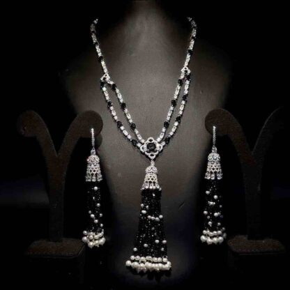 Omnia Mariella Onyx Tassel Necklace and Earring Set in High-Quality Simulated Diamonds with Black Pearl Details