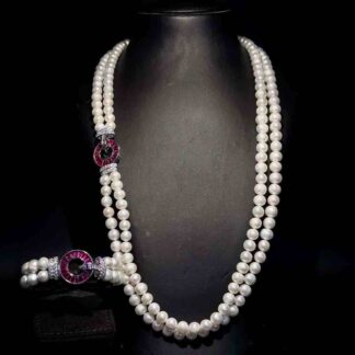 Omnia Royal Pearl Necklace and Bracelet Set with Ruby-Red Accents and High-Quality Simulated Diamonds