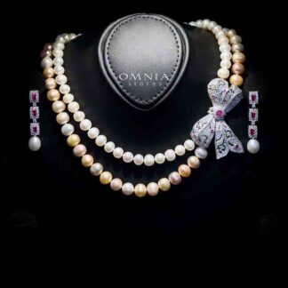 Omnia Arleth Multi-Color Real Pearl Set with Bow Accent and High-Quality Simulated Diamonds, Featuring a Double-Strand Design