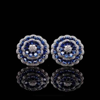 Omnia Floral Halo Earrings with Sapphire Blue Simulated Diamonds in 92.5 Silver