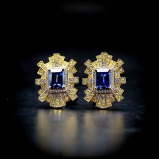 Omnia Nadine Royal Blue Emerald Cut Sunburst Earrings in 92.5 Silver with High-Quality Simulated Diamonds