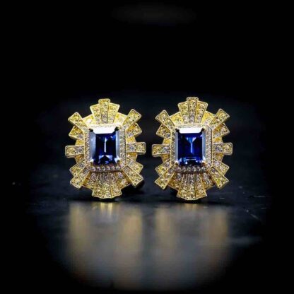 Omnia Nadine Royal Blue Emerald Cut Sunburst Earrings in 92.5 Silver with High-Quality Simulated Diamonds
