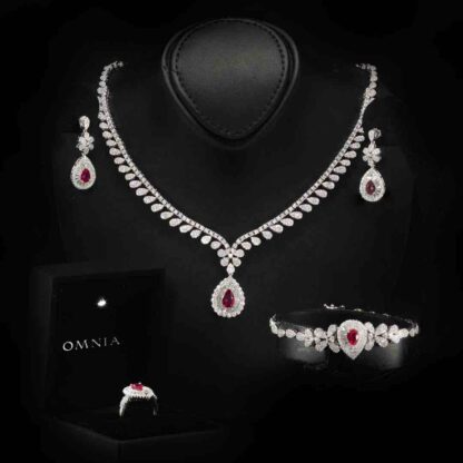 Omnia Sophia Maroon Teardrop Bridal Full Set in 925 Silver with High Quality Simulated Diamonds