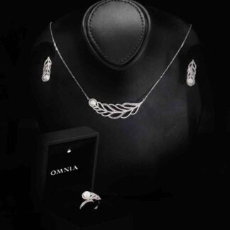Omnia Naela White Leaf Pearl Necklace, Earrings and Ring Set in 925 Silver with High Quality Simulated Diamonds