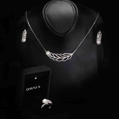 Omnia Naela White Leaf Pearl Necklace, Earrings and Ring Set in 925 Silver with High Quality Simulated Diamonds