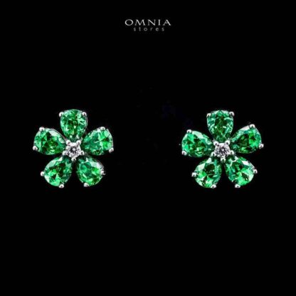 Omnia Emerald Bloom Stud Earrings In 92.5 Silver with High Quality Simulated Diamonds