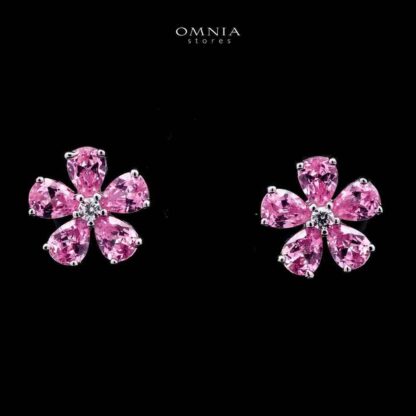 Omnia Pink Blossom Stud Earrings In 92.5 Silver with High Quality Simulated Diamonds
