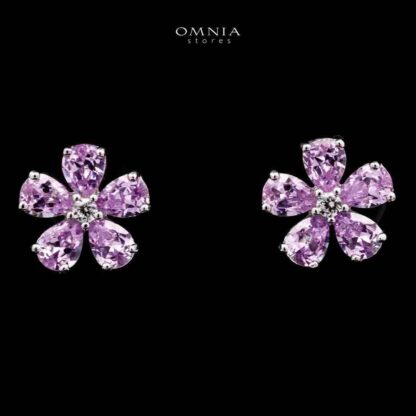 Omnia Purple Bloom Stud Earrings In 92.5 Silver with High Quality Simulated Diamonds