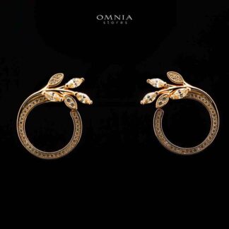 Omnia Jenan Golden Leaf Design Earrings in 925 Silver with High-Quality White Simulated Diamonds