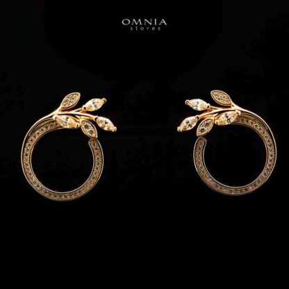 Omnia Jenan Golden Leaf Design Earrings in 925 Silver with High-Quality White Simulated Diamonds