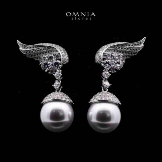 Omnia Rahmah Winged Silver Pearl Drop Earrings in 925 Silver with High-Quality Simulated Diamonds