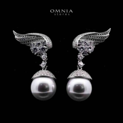 Omnia Rahmah Winged Silver Pearl Drop Earrings in 925 Silver with High-Quality Simulated Diamonds