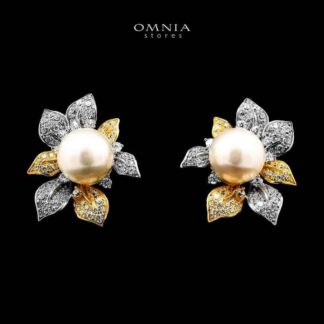 Omnia Estelle Fresh Real Water Pearl Golden And Silver Earrings in 925 Silver In High Quality Simulated Diamonds