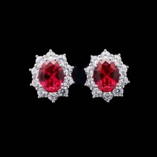 Omnia Elara Ruby Red Oval Stud Earrings in 92.5 Silver with High-Quality Simulated Diamonds