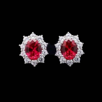 Omnia Elara Ruby Red Oval Stud Earrings in 92.5 Silver with High-Quality Simulated Diamonds