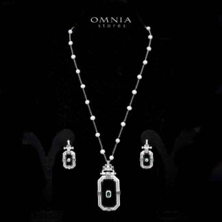 Omnia Parvaneh Fresh Real Water Pearl Long Chain Necklace & Drop Pearl Earrings in 925 Silver with High-Quality Simulated Diamonds