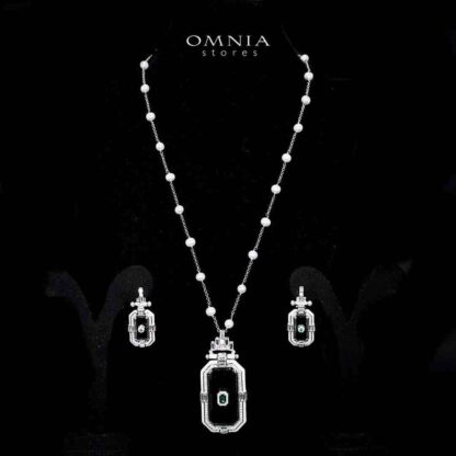 Omnia Parvaneh Fresh Real Water Pearl Long Chain Necklace & Drop Pearl Earrings in 925 Silver with High-Quality Simulated Diamonds