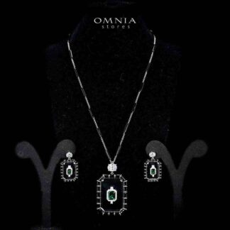 Omnia Parvin Black Long Chain Necklace & Drop Pearl Earrings in 925 Silver with High-Quality Simulated Diamonds