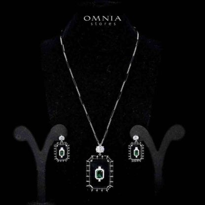 Omnia Parvin Black Long Chain Necklace & Drop Pearl Earrings in 925 Silver with High-Quality Simulated Diamonds