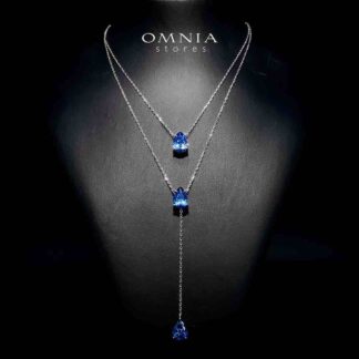 Omnia Scarlett Blue Teardrop Layered Necklace in 925 Silver with High-Quality Simulated Diamonds