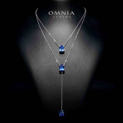 Omnia Scarlett Blue Teardrop Layered Necklace in 925 Silver with High-Quality Simulated Diamonds