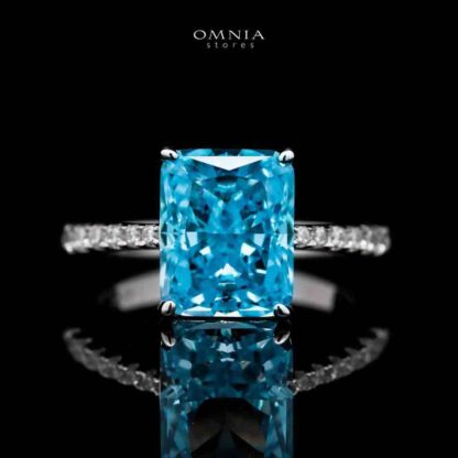 Omnia Alcina Radiant Cut Sky Blue Ring in 92.5 Silver with High Quality Simulated Diamonds