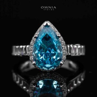 Omnia Layal Pear Shaped Sky Blue Ring in 92.5 Silver with High Quality Simulated Diamonds