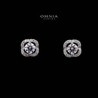 Omnia Fleur Halo Stud Earrings in 925 Sterling Silver with High-Quality Iced Cut Stones