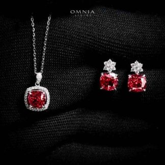 Omnia Nawara Silver Necklace and Earrings Set in 925 Silver with High-Quality Red Ice Cut Stones