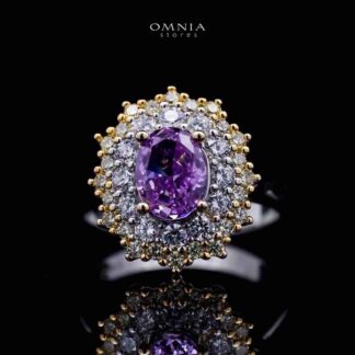 Omnia Faryal Oval Purple Stone Ring in 92.5 Silver with High Quality Simulated Diamonds