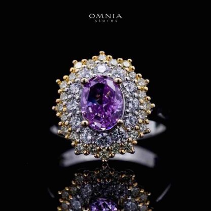 Omnia Faryal Oval Purple Stone Ring in 92.5 Silver with High Quality Simulated Diamonds