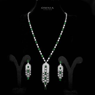 Omnia Jane Green Bridal Long Chain Set in Rhodium Plated Finish with High-Quality Zircon Stones