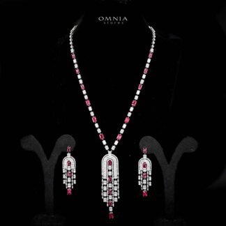Omnia Jane Red Bridal Long Chain Set in Rhodium Plated Finish with High-Quality Zircon Stones