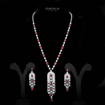 Omnia Jane Red Bridal Long Chain Set in Rhodium Plated Finish with High-Quality Zircon Stones