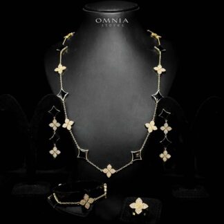 Omnia Golden Clove Black Long Chain Full Set with High-Quality Simulated Diamonds 18k Gold Plated 100cm
