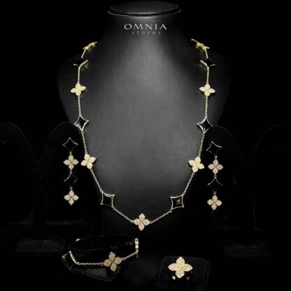 Omnia Golden Clove Black Long Chain Full Set with High-Quality Simulated Diamonds 18k Gold Plated 100cm