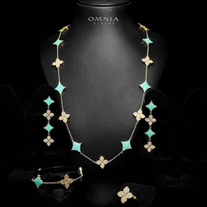 Omnia Golden Clove Turqoise Long Chain Full Set with High-Quality Simulated Diamonds 18k Gold Plated 100cm