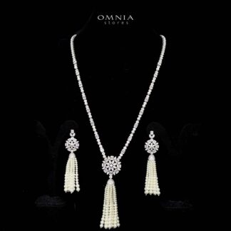 Omnia Khawlah White Bridal Long chain Pearl Set Accessories in High Quality Zircon Stone Rhodium Plated