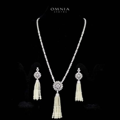 Omnia Khawlah White Bridal Long chain Pearl Set Accessories in High Quality Zircon Stone Rhodium Plated