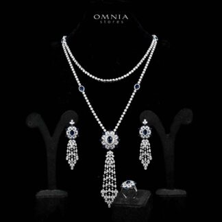 Omnia Ola Blue Bridal Long chain Set Accessories in High Quality Zircon Stone Rhodium Plated