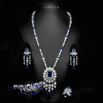 Omnia Aleya Blue Bridal Full Long chain Set in High Quality Simulated Diamonds Rhodium Plated