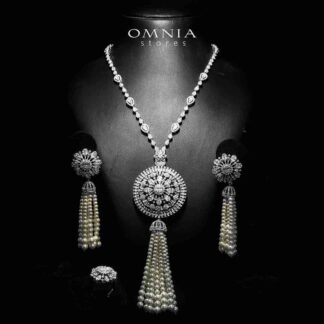 Omnia Darya White Long Chain Pearl Full Set in High Quality Zircon Stone in Rhodium Plated