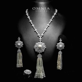 Omnia Delaram White Long Chain Pearl Full Set in High Quality Zircon Stone in Rhodium Plated