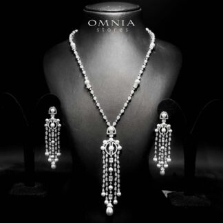 Omnia Afaf White Pearl Bridal Long chain Set Accessories High Quality Zircon Stone In Rhodium Plated